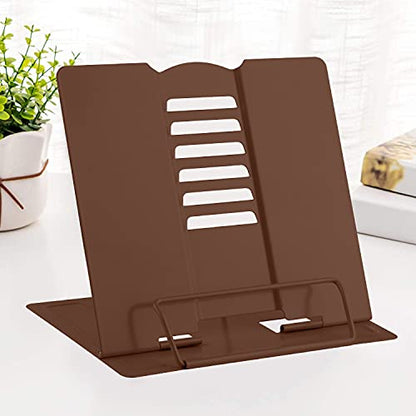 MSDADA Desk Book Stand Metal Reading Rest Book Holder Adjustable | Cookbook Documents Holder Portable Sturdy Bookstands for Recipes Textbooks Tablet Music Books with Page Clips (Brown) - color: Brown
