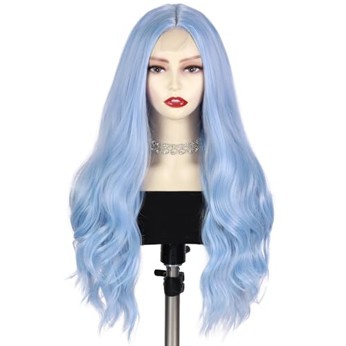 Quantum Love Long Curly Blue Wig for Women Light Blue Long Wavy Wigs 28 Inch Natural Looking Synthetic Fashion Color Hair for Cosplay Halloween Daily Party Use - color: Light Blue