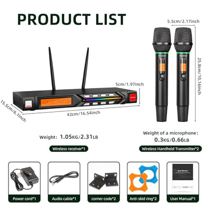 Depusheng R7 Wireless Microphone Set with Two Wireless Dynamic Handheld Microphones Receiving Range of 80 Meters Suitable for Karaoke Concert Stage