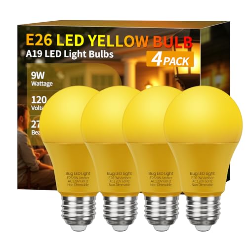 Bug Light Bulbs for Outdoor - Yellow Bug Lights for Outside, A19 9W - color: Yellow, size: 4 Count (Pack of 1)