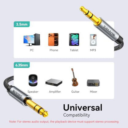 SAMZHE 1/8 to 1/4 Stereo Cable 3.5mm TRS to 6.35mm Audio Cable Guitar to Aux Male Cord with Alum Alloy Housing and Nylon Braid for Guitar, Laptop, Home Theater Devices, Speaker and Amplifiers 6.6FT - size: 6.6 FT