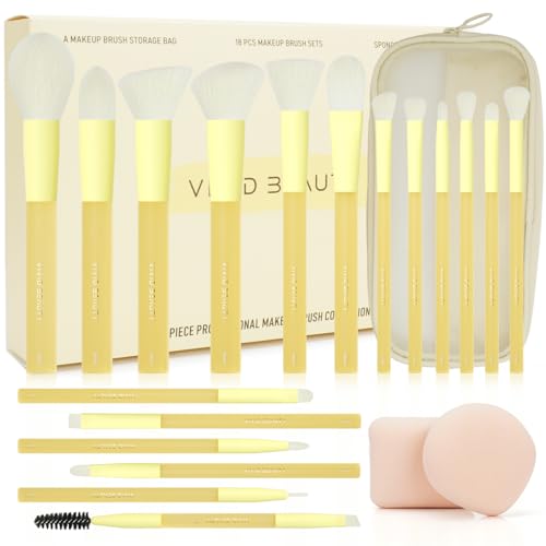 Yellow Make up Brush Set – 18PCS Makeup Brushes for Powder, Foundation, Eyeshadow – With Rubber Coated Handles, Painted Aluminum Ferrules, Travel Bag & 2 Makeup Sponges– For Women & Beginners - color: Yellow