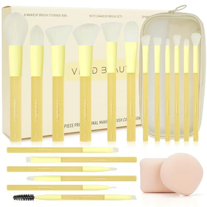 Yellow Make up Brush Set – 18PCS Makeup Brushes for Powder, Foundation, Eyeshadow – With Rubber Coated Handles, Painted Aluminum Ferrules, Travel Bag & 2 Makeup Sponges– For Women & Beginners - color: Yellow
