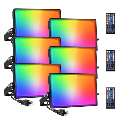 Onforu 6 Pack RGB LED Flood Light Outdoor, 70W Color Changing Uplights with Remote, 2700K Warm White IP66 Stage Lighting, Landscape Floor Spotlights Indoor, Uplighting Indoor Floor Light for Christmas