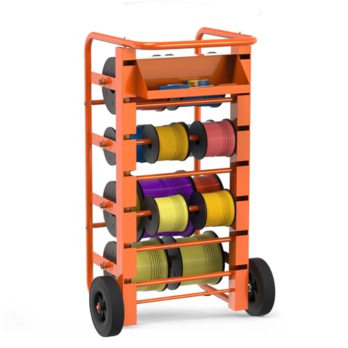 Wire Spool Rack Cable Caddy,Portable Wire Rack Dispenser with Wheel, Automotive Wiring Storage, Multi-Spool Wire/Cable Dispenser, Electrical Wire Spool Holder Cart with Storage Tray (Orange)