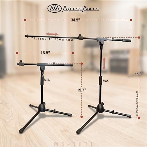 AxcessAbles Short Microphone Stand with 34" Telescoping Boom Arm | Low Profile Mic Tripod for Drums and Guitar Amps - style: 1 Mic Stand