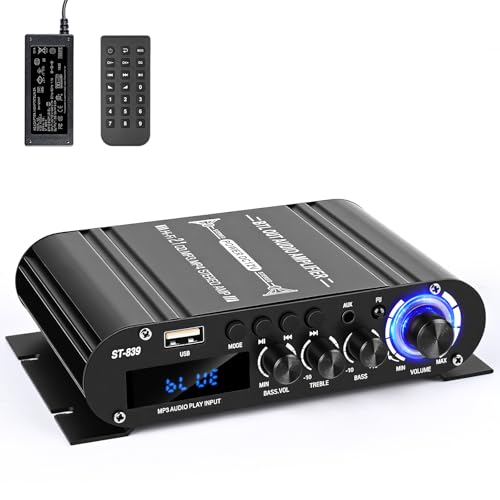 ST-839 2.1CH Mini Bluetooth Amplifier | 25Wx2+40W Subwoofer Stereo Receiver, Bass & Treble Control, USB/AUX/RCA Audio, For Home Speakers, Power & Remote Included - color: Black-ST839