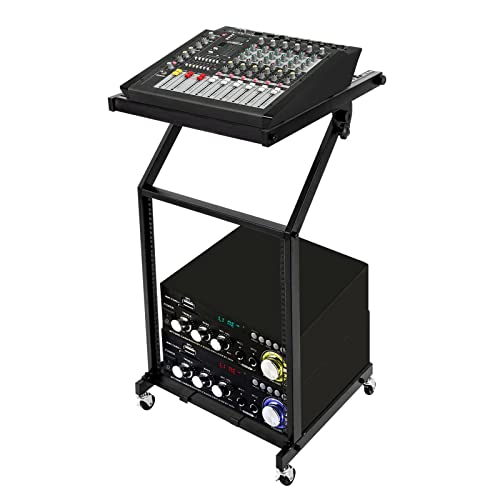 12U DJ Audio Mixer Stand Open Frame, Free Standing Rolling DJ Mixer Stand Adjustable Mixer Platform Rails for Music Studio Booth Pro Audio Recording Cabinet, Black