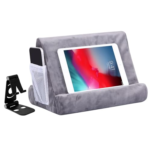 2pcs Multi-Angle Tablet Holder Cushion Stand with Net Pocket & Black Color Phone Stands Upgraded Tablet Pad Support for Phone,Pad,Books (Grey) - color: Grey