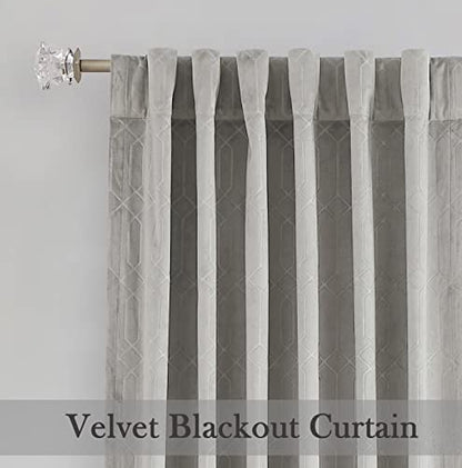 Gray Velvet Blackout Curtain Panels Noise Reduction 60%-70% Room Darkening Window Treatment Drape Sets Rod Pocket Back Tabs Geo Embossed Trellis Pattern, for Living Room, Bedroom, Nursury, 52"x95"x2 - color: Grey, size: 52"W x 95"L (Pack of 2)