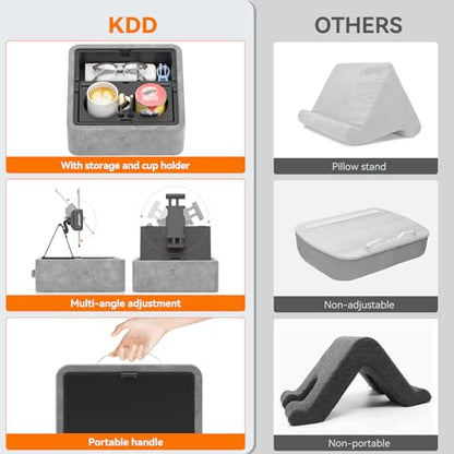 KDD Tablet Pillow Stand, Adjustable iPad Holder for Bed, Lap and Desk with Two Cup Holder and Storage Tray, 360°Rotating Clip Soft Dock Compatible with iPad Pro 12.9, Air, Mini, Phone and E-Reader