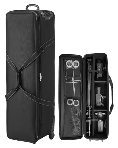 VEVOR Studio Equipment Trolley Case, 51.57 x 14.37 x 14.96 in / 131 x 36.5 x 38 cm, Rolling Camera Bag, Carrying Bag with Wheels Straps Padded Compartment Handle, for Light Stands, Tripods, Telescopes