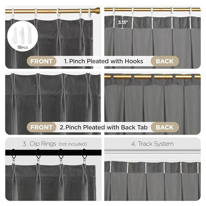 Joydeco Pinch Pleated Velvet Curtains 84 Inch Long 2 Panel Set for Living Room Bedroom, Back Tab Blackout Drapes with Adjustable Hooks (40”W x84”L,Grey) - color: Grey, size: 40"W x 84"L (Pack of 2)