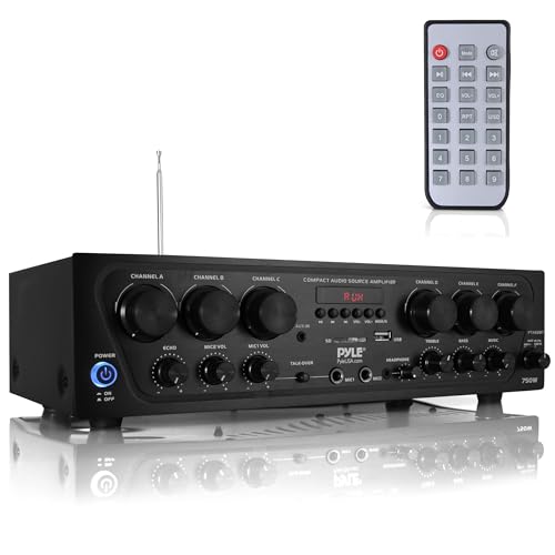 Pyle Wireless Bluetooth Karaoke Amplifier - 6 Channel 750W Power, Stereo Receiver Home Audio Amplifier w/USB,AUX, Subwoofer Out, Headphone, 2 Mic Input w/Echo, Talk-Over For PA