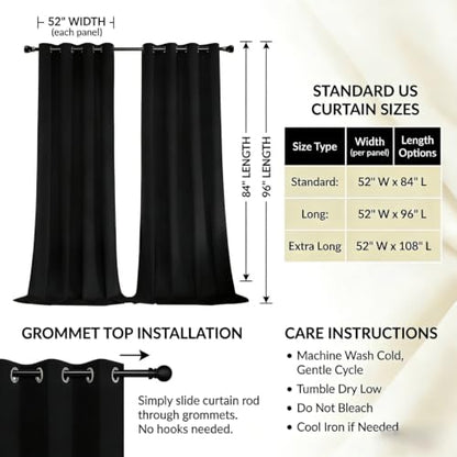 SNITIE Black 52”x72” Long Velvet Curtains with Grommet - 2P - color: Black, size: 52"W x 72"L (Pack of 2)