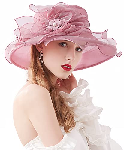 Women Derby Fascinator Hat Organza Church Wedding Hats Wide Brim Cocktail Tea Party Hat - color: 07 Pink