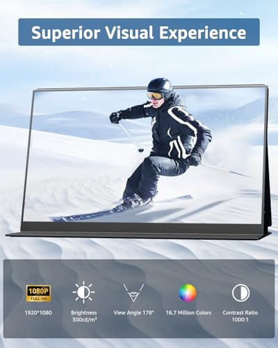 Yodoit Portable Monitor 15.6" 1920×1080 FHD IPS Travel Screen Display with USB-C Plug & Play, Built-in Speakers Smart Cover for MacBook PC Xbox, Extended Display for Remote Workers (Black) - size: 15.6 inch FHD