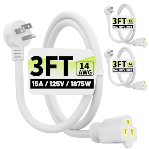 Vockjour 3 FT 3 Pack 14 Gauge Low Profile Flat Plug Extension Cord White - color: White, size: 3FT-3PACK