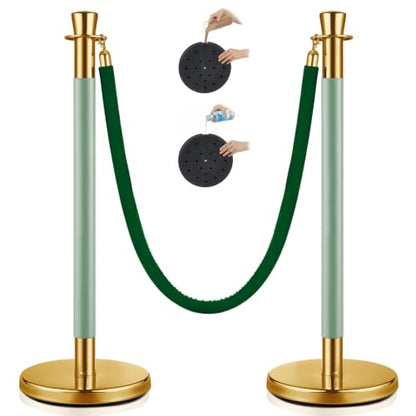 Wesiti 2 Pcs Gold Green Stainless Steel Stanchion Post Queue with Crown Top 5 ft and Velvet Rope and Poles Crowd Control Barriers Sand Injection Hollow Base and Velvet Ropes Set - color: Gold,Green
