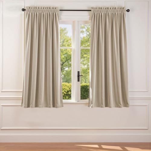 Lazzzy Beige Velvet Curtains Neutral Rod Pocket 52×63 Inch 2 Panels - color: R | Beige, size: 52"W x 63"L (Pack of 2)