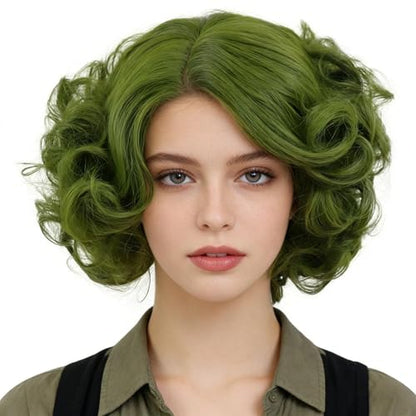 Short Green Curly Wigs For Women Anime Cosplay Halloween Costume Medusa Wig | Olive Green Wig with Side Bangs Fluffy Wavy Layered Party Synthetic Wigs Joker Maven Wig Short Hairstyles Coser Fun Soft - color: Olive Green