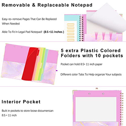 Spiral Clipboard Folio with Refillable Notepad, Cute Clipboard Folder, 5 Dividers with Storage 10 Pockets,Versatile Clipfolio,Hardcover Clipboards Notebook for School Office Planner Clip Board-Purple - color: Purple