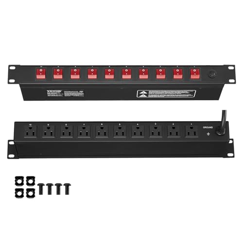 VEVOR 10 Outlet Horizontal 1U Rack Mount PDU Power Strip for Network Server Racks, 10 Individual Led Switches Surge Protection & Overload Protection, 110-125V/15A, with 6ft 14AWG Power Cord - style: 10 Outlet-Individual Switches