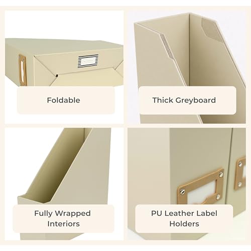 BLU MONACO | Cardboard Magazine File Holder Set of 6 | Vertical Magazine File Holder with Label Slots | Beige Linen Foldable File Organizers for Desk Shelf Office - color: Grey Linen