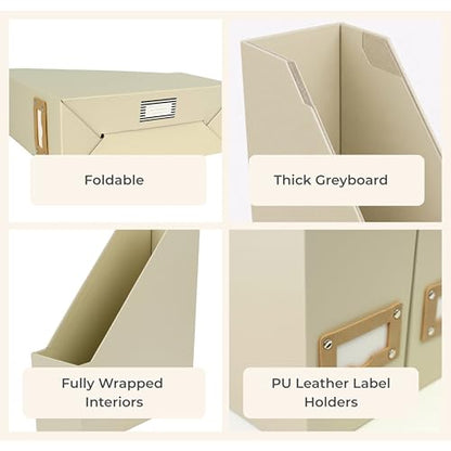 BLU MONACO | Cardboard Magazine File Holder Set of 6 | Vertical Magazine File Holder with Label Slots | Beige Linen Foldable File Organizers for Desk Shelf Office - color: Grey Linen