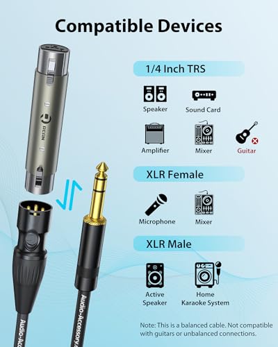 AA AUDIO ACCESSORY XLR Male to 1/4 Cable with XLR Female to Female Adapter Bundle, Rean Connectors from Neutrik, Kevlar-Reinforced Nylon Braided TRS Cable, Balanced Quarter Inch Cord, 25ft, OFC - size: 25ft, style: XLR Male to 1/4 & XLR Adapter