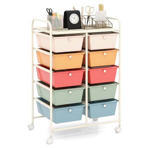 HAPPYGRILL 10-Drawer Rolling Storage Cart, Storage Organizer Cart with Lockable Wheels, Beauty Salon Movable Utility Cart for School, Office, Home, (Macaroon Colorful) - color: Macaroon Colorful, size: 10 Drawer