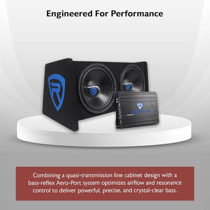 Rockville RV12.2B Dual 12" Car Subwoofer Enclosure with Mono Amplifier | 1200W Peak / 400W RMS, CEA Rated, 8 AWG Wiring Kit, Ported 15 Degree Cabinet, Bass Knob