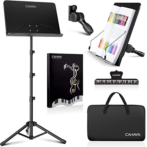 CAHAYA 5 in 1 Heightened Dual-use Sheet Music Stand Desktop Book Stand | Portable Metal Solid Back with Height Adjustable from 31-67in Including Carrying Bag Sheet Music Folder Clip for Home School - color: Black, size: Higher Version