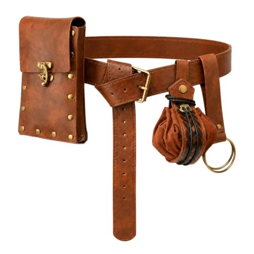 Renaissance Belt Pouch Set, Medieval Viking Pirate Leather Bag, Steampunk Waist Bag Skirt Hike Set, Halloween Cosplay Costume Accessories for Men Women (Brown) - color: Brown