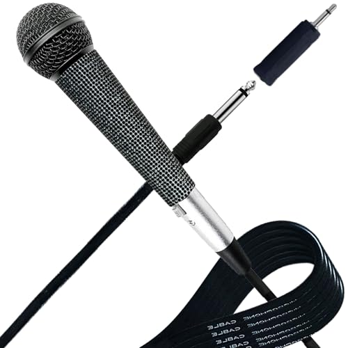 Black Vocal Microphone with XLR Cable and Silver Rhinestone Sleeve | Wired Mic Focuses Vocals With Cardioid Pickup; 11.5-Ft Lead with Silver Mic Cover and Grill Band Suit Karaoke Or Parties