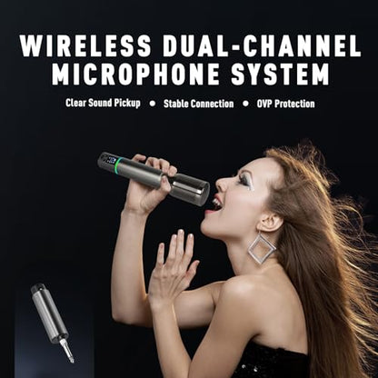 Wireless Microphones, Professional Rechargeable Karaoke Microphone System, Dual Channel UHF All-Metal Portable Mics with 262ft Range for Singing, Speaking, Meetings, Events, Church, Wedding