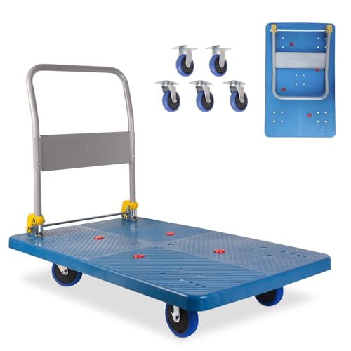 Foldable Push Cart Dolly 1320 lbs,Moving Platform Hand Truck Blue,with 360° Swivel Wheels, for Home Garage Workshops, Loading, Storage, Warehouse - size: 1320 Lbs (5 wheels)