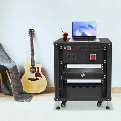 12U Professional AV Rack Stand, Rolling Equipment Cabinet with Locking Wheels for Live Sound, Studio, DJ, Carbon Steel Frame with Ventilation and Cable Ports, Network & Stereo Rack (Black) - color: Black