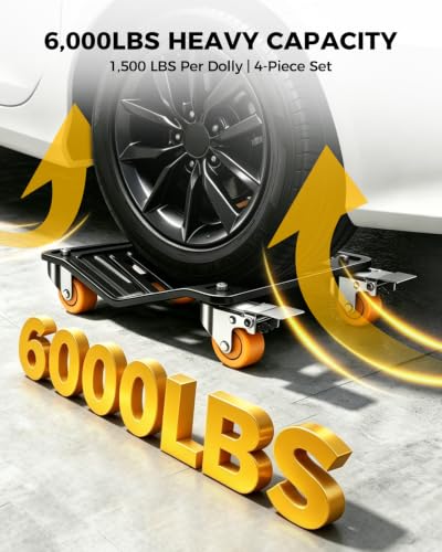 KYX Car Dolly Set of 4, 6000 LBS Wheel Dolly, Heavy Duty Vehicle Dollies, V-Shaped Structure with 360-Degree Ball-Bearing Casters & Double Brakes for Moving Cars, Motorcycle and SUVs