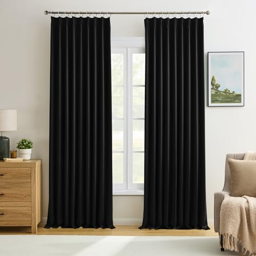 KEQIAOSUOCAI Black Pinch Pleated 60 Inch Wide Curtains 60 x 90, Thermal Insulated Noise Cancelling Living Room Office Drapes 90 Inches Long, Patio Sliding Glass Door Window Curtain 2 Panels - color: Black, size: 60"W x 90"L (Pack of 2)