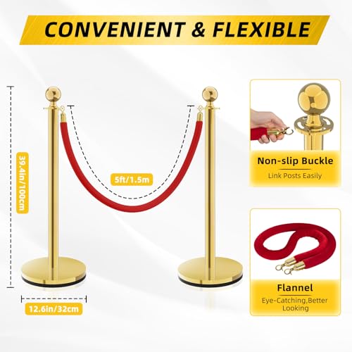 Gold Stainless Steel Stanchions Rope - Crowd Control Barriers with Red Carpet Safety Barrier, Velvet Ropes and Posts & Retractable Belts for Party Theater Weddings, Museums - 8 Pcs - color: Gold, size: 8Pcs