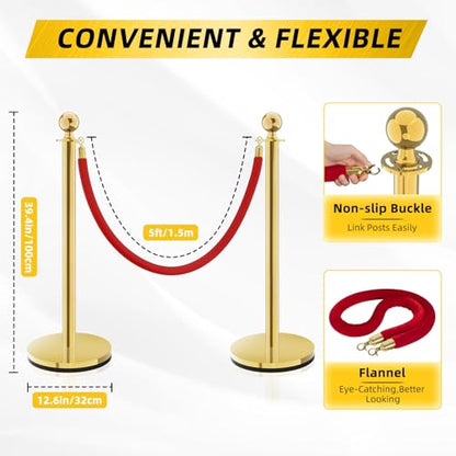 Gold Stainless Steel Stanchions Rope - Crowd Control Barriers with Red Carpet Safety Barrier, Velvet Ropes and Posts & Retractable Belts for Party Theater Weddings, Museums - 8 Pcs - color: Gold, size: 8Pcs