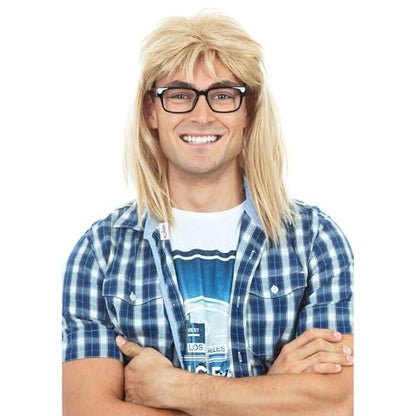 ALLAURA Compatible with Garth Wig – Blonde Mullet Wig + Black Glasses for Men – 80s 90s Rocker, Punk, Heavy Metal Costume – Funny Halloween Couples Outfit, Party Cosplay, Garth & Wayne Duo Look - color: 10-Blonde