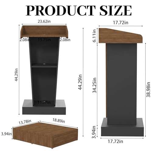 Wooden Podium Stand with Wheels, Stool and 2 Tier Storage, Wood Lecterns and Podiums with Storage, Premium Pulpits for Classrooms, Churches, and Conferences, 16MM Scratch-Resistant Finish - color: Brown/Grey