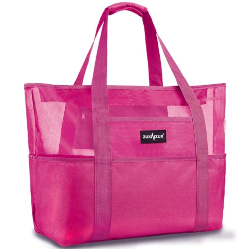 Mesh Beach Bag - Large Waterproof Beach Tote Bag with Zipper | Oversized Foldable Lightweight Family Swim Bag Vacation - color: Rose Red