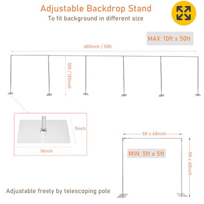 Professional Backdrop Stand Pipe Kit,10'x50' Heavy Duty Background Support System Curtain Frame Telescopic with Steel Base for Wedding Party Photography Trade Show Display - size: 10' x 50'