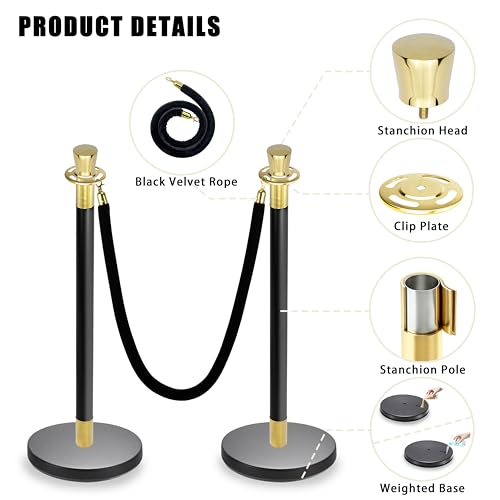 Black Stanchions and Velvet Ropes 6pcs Stainless Steel Posts | 4pcs 5ft Black Velvet Ropes Crowd Control Barriers with Durable Refillable Base for Wedding, Party & Exhibition Events - color: Black-Gold, size: 6 PCS