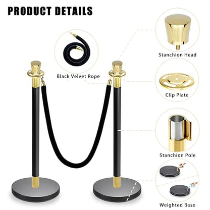 Black Stanchions and Velvet Ropes 6pcs Stainless Steel Posts | 4pcs 5ft Black Velvet Ropes Crowd Control Barriers with Durable Refillable Base for Wedding, Party & Exhibition Events - color: Black-Gold, size: 6 PCS