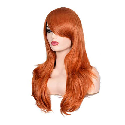 23" Women Long Wig Big Wavy Heat Resistant Synthetic Straight Hair with Bangs for Cosplay Costume Halloween Party (2735# Ginger Orange) - color: orange