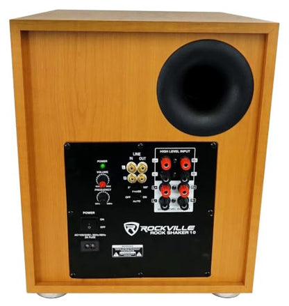 Rockville Rock Shaker 10" Classic Wood Powered Subwoofer Home Theater | 600W Peak, 300W RMS, RCA In/Out, High-Level In/Out, 20Hz-200Hz Response, MDF Enclosure, Class D Amplifier - color: Classic Wood